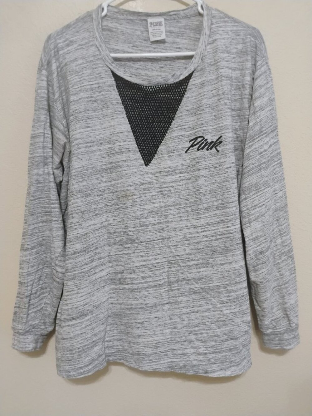 PINK Victoria's Secret Gray Marled Mesh Inset Long Sleeve Top